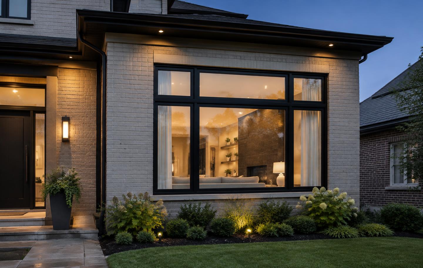 Modern black-framed custom window combination on a brick home at dusk