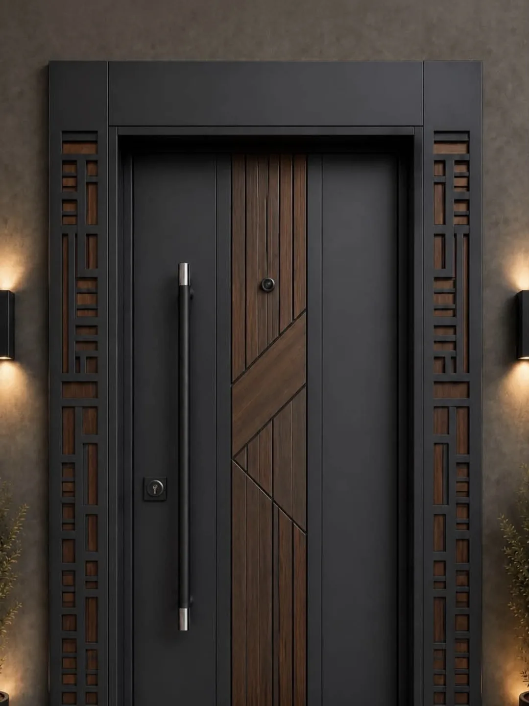 Dark contemporary fiberglass-style entrance door with vertical glass