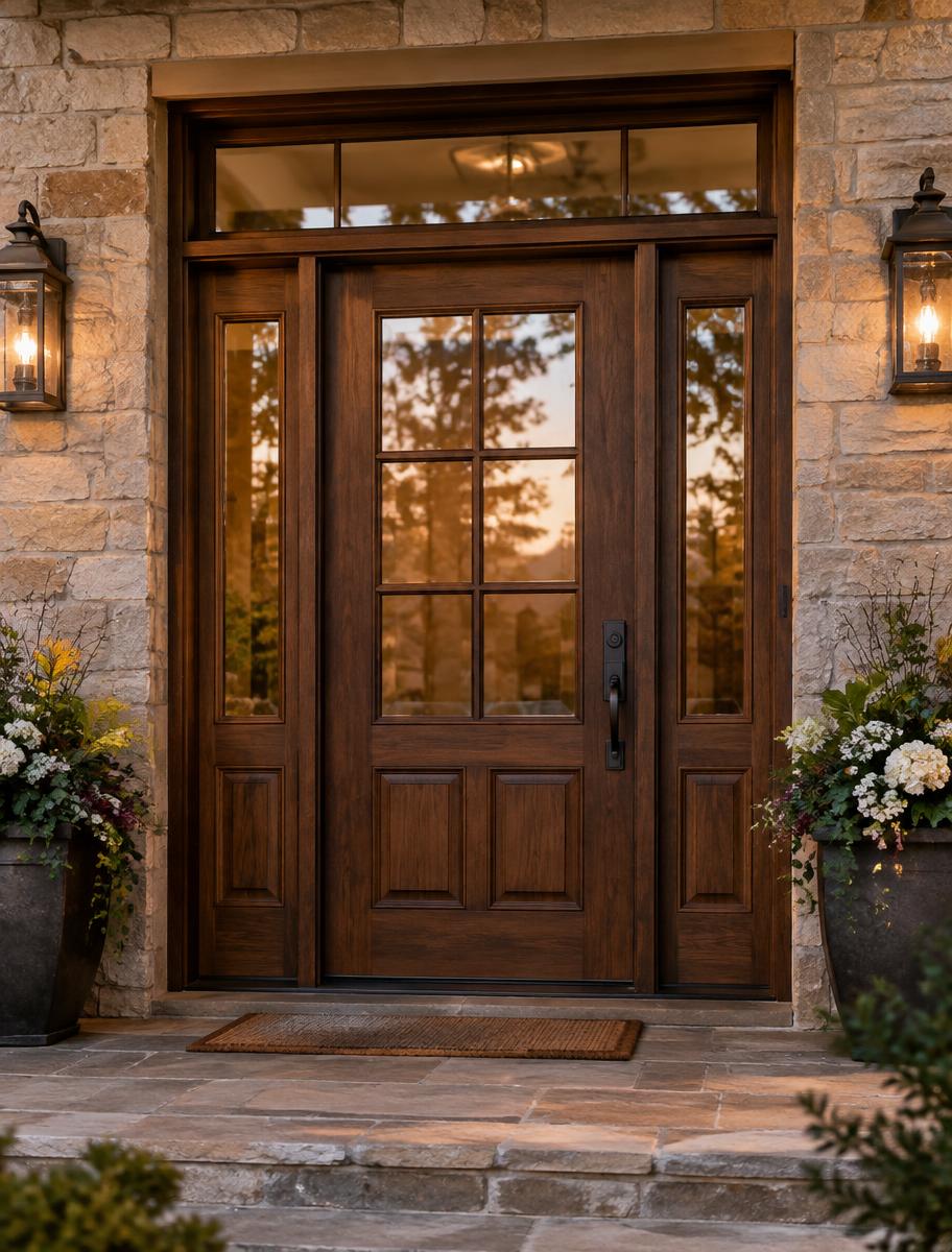 Traditional walnut-grain fiberglass door with panels and glass inserts