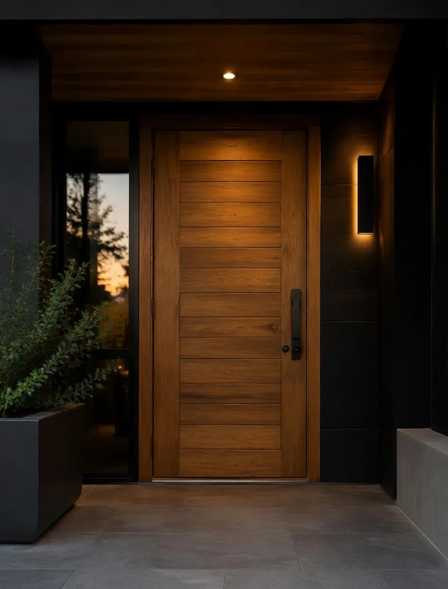 Modern solid oak entry door with horizontal slats and matte black hardware