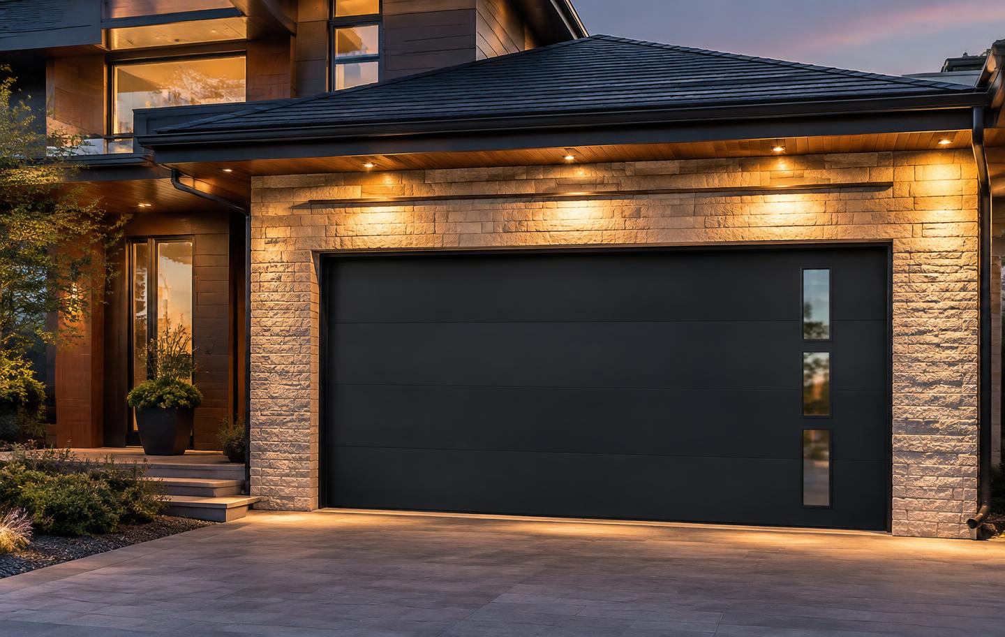 Modern charcoal garage door with vertical glass inserts on a stone home at dusk
