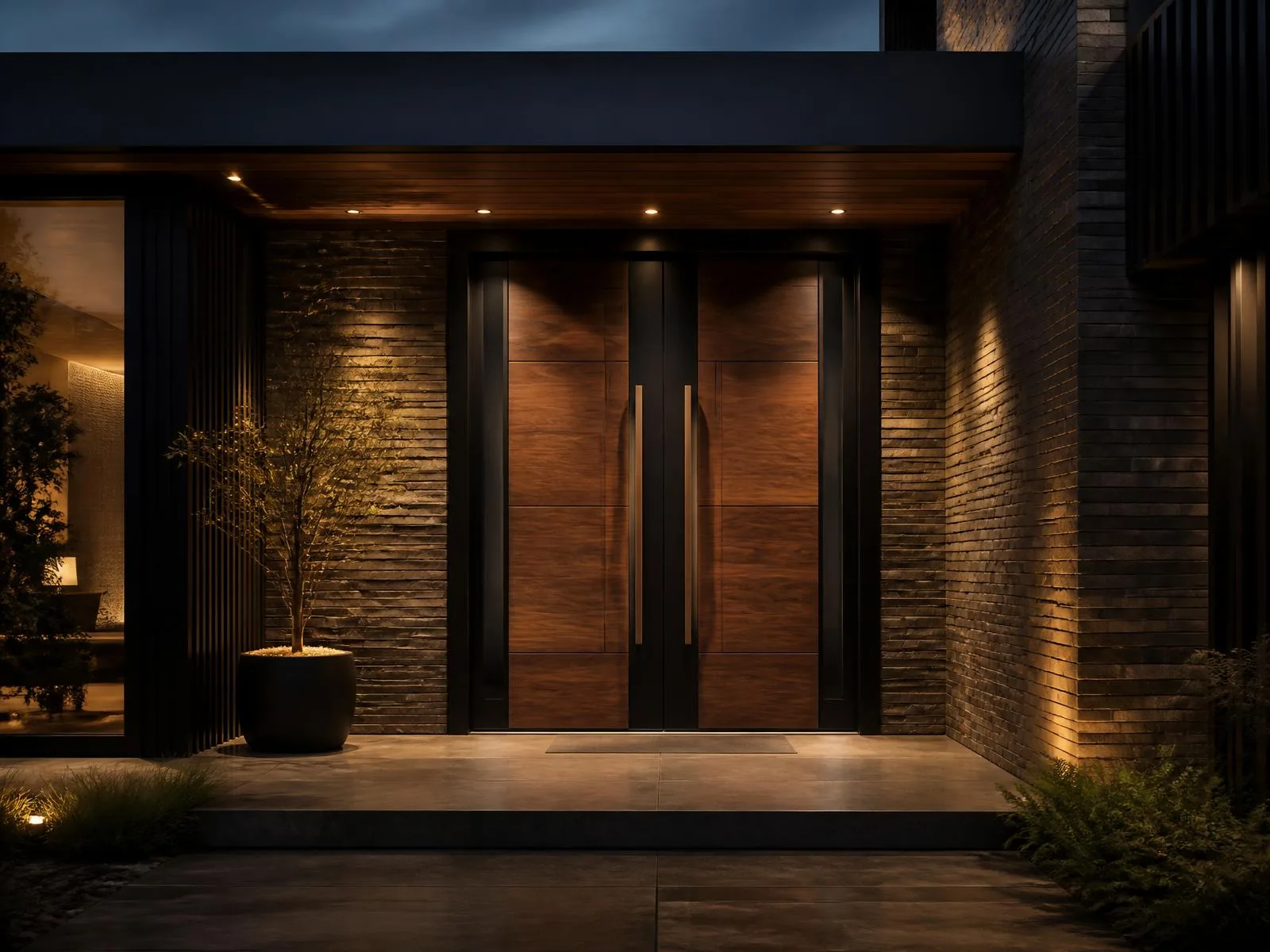 Contemporary double entrance doors illuminated at dusk