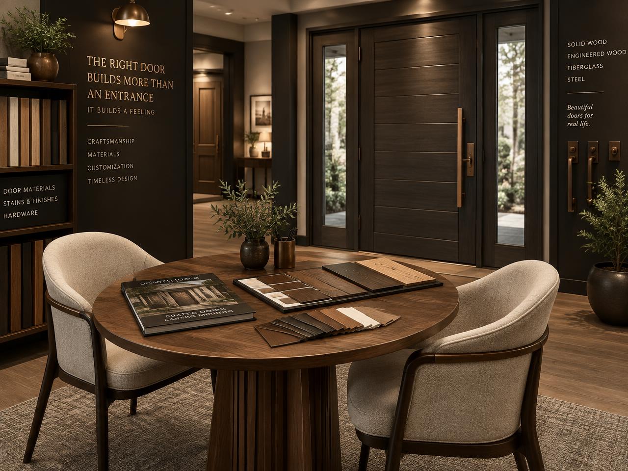 Consultation table in the showroom with wood, stain and finish samples