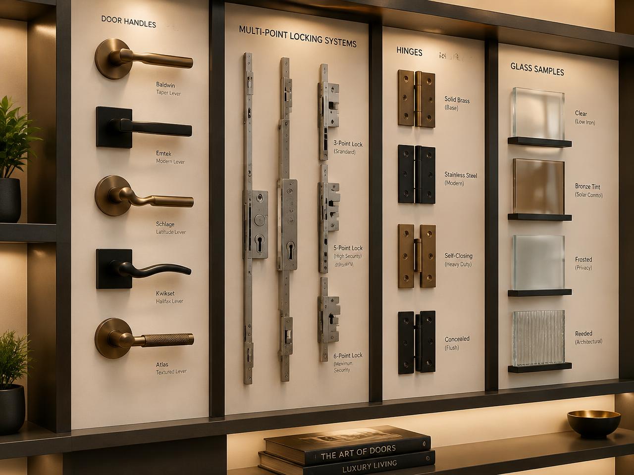 Door handles and locking hardware on display